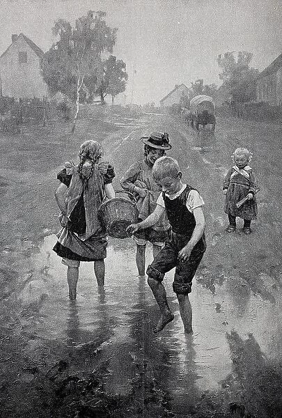On the village street, children playing in the puddles, Germany, 1898, Historic, digital reproduction of an original 19th century painting, original date not known