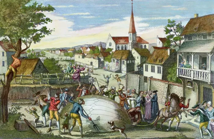 Framed Print : Villagers Destroying Air Balloon Framed Print : Villagers Destroying Air Balloon