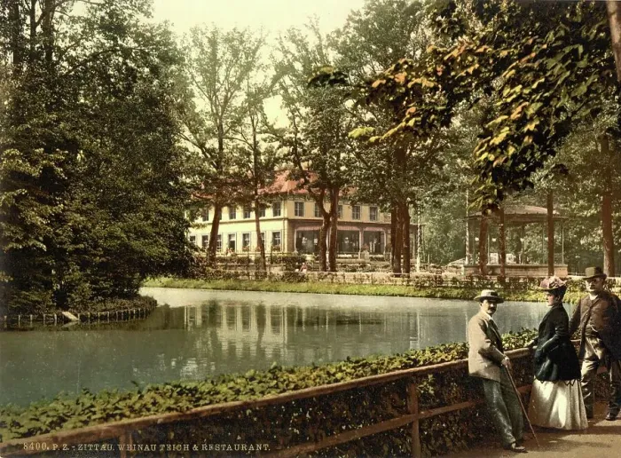 Framed Print : The Vineyard Pond and Restaurant in Zittau, Saxony, c. 1890, Germany, Historic, digitally restored reproduction from a 19th century original Framed Print : The Vineyard Pond and Restaurant in Zittau, Saxony, c. 1890, Germany, Historic, digitally restored reproduction from a 19th century original