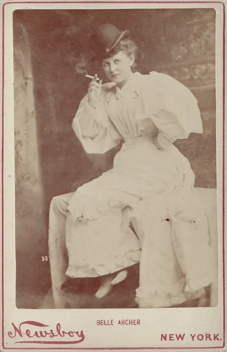 Framed Print : Vintage cabinet card portrait of actress Belle Archer smoking a cigarette, ca 1885 Framed Print : Vintage cabinet card portrait of actress Belle Archer smoking a cigarette, ca 1885