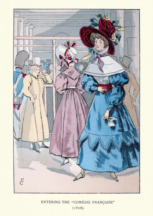 Framed Print : Vintage fashion of Paris, Woman wearing blue frilly dress and large hat
