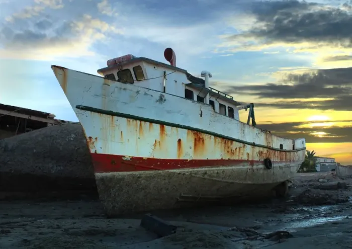 Framed Print : Vintage Fishing Boat at Low Tide at Sunset Framed Print : Vintage Fishing Boat at Low Tide at Sunset