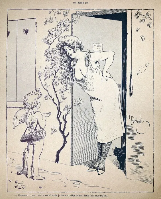 Framed Print : Vintage French cartoon, beautiful young opening her door to cupid, love, 19th Century Framed Print : Vintage French cartoon, beautiful young opening her door to cupid, love, 19th Century