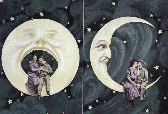 Framed Print : Vintage hand-painted postcard, Spooning the Moon, 1907 Framed Print : Vintage hand-painted postcard, Spooning the Moon, 1907