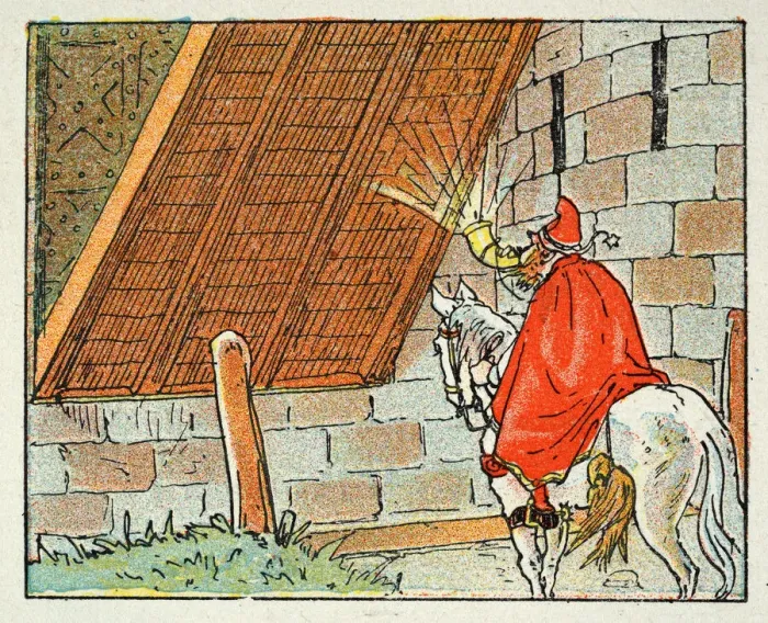 Framed Print : Vintage illustration, Cartoon of man blowing a horn at a castle drawbridge Framed Print : Vintage illustration, Cartoon of man blowing a horn at a castle drawbridge
