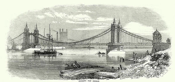 Vintage illustration Chelsea Bridge was a bridge over the River Thames in west London, 1850s 19th Century