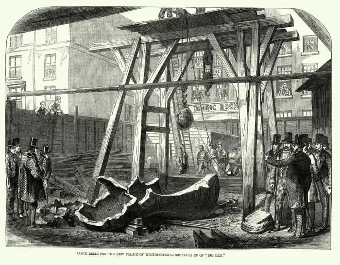 Framed Print : Vintage illustration, Clock bells for new Palace of Westminster, Breaking up of Big Ben, 1858 Framed Print : Vintage illustration, Clock bells for new Palace of Westminster, Breaking up of Big Ben, 1858