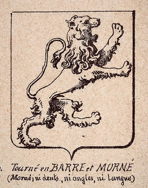 Vintage illustration, Escutcheon, or heraldic shield, Lions rampant, Tourne en barre et morne, Heraldry
