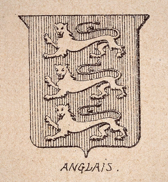 Vintage illustration, Escutcheon, or heraldic shield, 16th Century English coat of arms, Three Lions