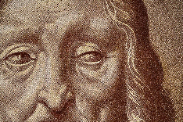 Vintage illustration detail of head of an old man, eyes, looking sideways, face, after a drawing by Leonardo da Vinci