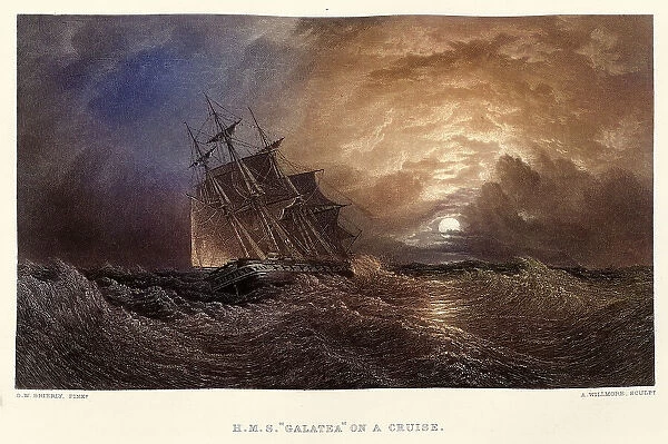 Vintage illustration HMS Galatea on a cruise, Royal navy warship sailing out of a storm, 19th Century art