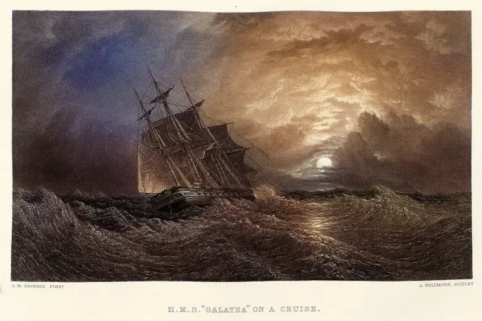 Framed Print : Vintage illustration HMS Galatea on a cruise, Royal navy warship sailing out of a storm, 19th Century art Framed Print : Vintage illustration HMS Galatea on a cruise, Royal navy warship sailing out of a storm, 19th Century art