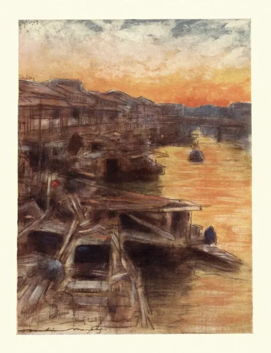 Framed Print : Vintage illustration of Japanese village at sunset, Art, Japan 19th Century