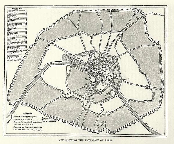 Vintage illustration of Map showing the extension of Paris, France 19th Century