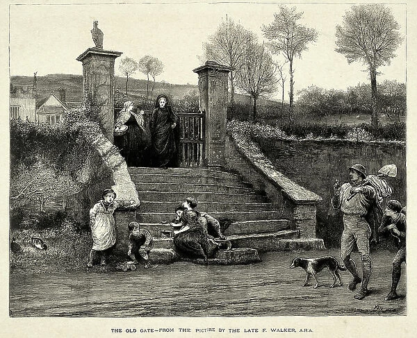 Vintage illustration of The Old Gate, after the painting by Frederick Walker, Victorian Social realism art, 1870s