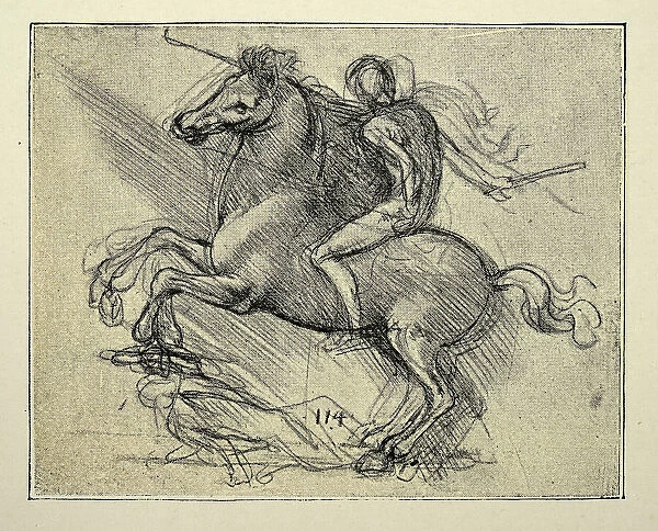 Vintage illustration, After the sketch by Leonardo da Vinci, Man on horseback, Early renaissance art