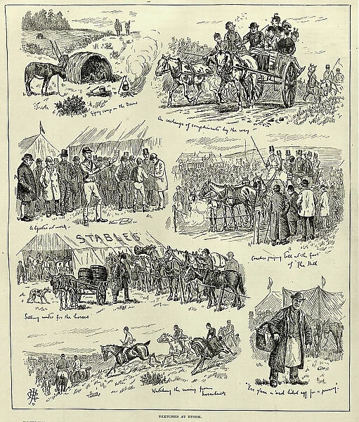 Vintage illustration Sketches from the Epsom Derby, Horse racing, Victorian History of Sport, 1890s