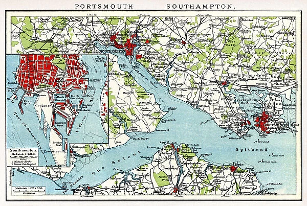 Vintage map of Portsmouth and Southampton England 1898