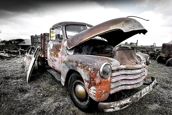 Vintage Old Rusty Truck with hood up-Toned