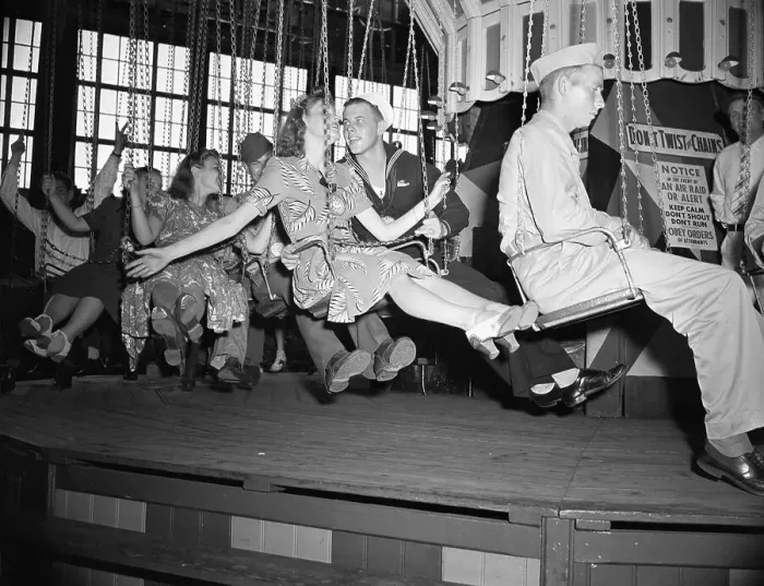Framed Print : Vintage photograph showing group of people on carousel Framed Print : Vintage photograph showing group of people on carousel