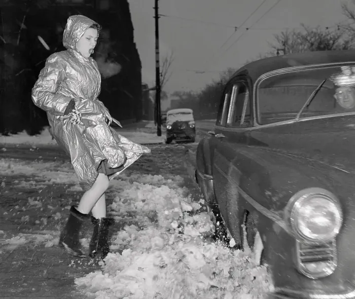 Framed Print : Vintage photograph of trendy young woman splashed over with semi melted snow Framed Print : Vintage photograph of trendy young woman splashed over with semi melted snow