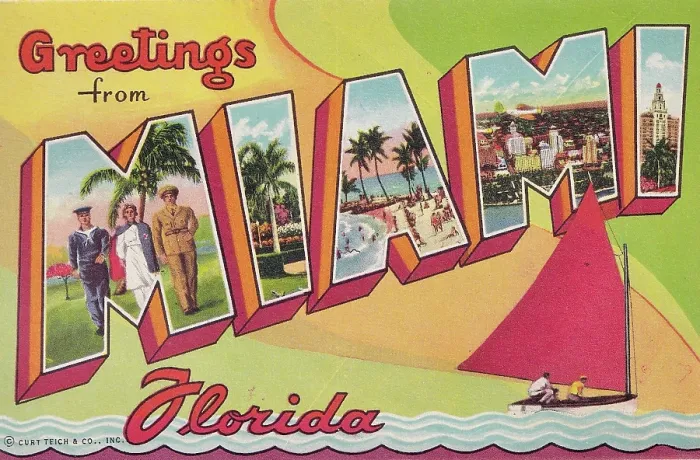 Framed Print : Vintage Postcard, Greetings from Miami Florida, circa 1945 Framed Print : Vintage Postcard, Greetings from Miami Florida, circa 1945
