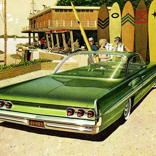 Vintage poster of couple at beach in front of green car