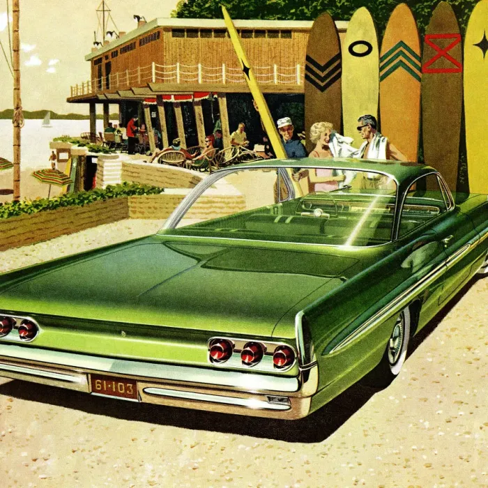 Framed Print : Vintage poster of couple at beach in front of green car Framed Print : Vintage poster of couple at beach in front of green car