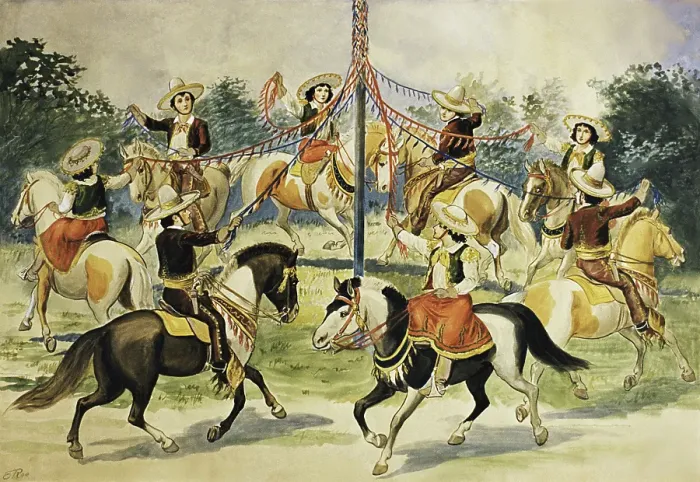 Framed Print : Vintage poster of horse riders wrapping ribbons around maypole Framed Print : Vintage poster of horse riders wrapping ribbons around maypole