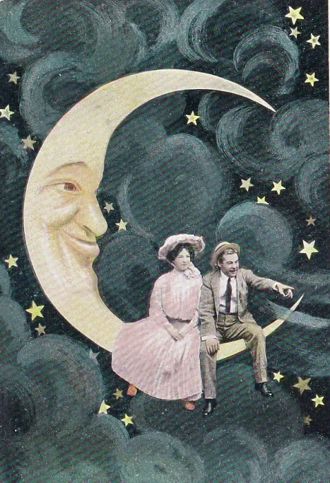 Framed Print : Vintage souvenir photo postcard, Spooning the Moon series, circa 1907 Framed Print : Vintage souvenir photo postcard, Spooning the Moon series, circa 1907