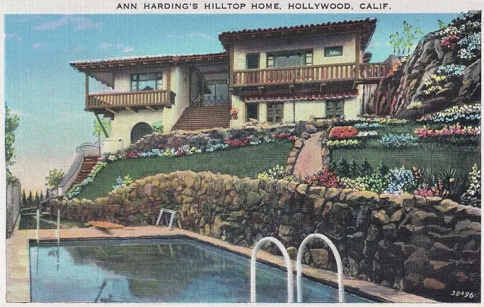 Framed Print : Vintage souvenir postcard, Ann Harding's Home, Movie Star Homes series, ca 1938 Framed Print : Vintage souvenir postcard, Ann Harding's Home, Movie Star Homes series, ca 1938
