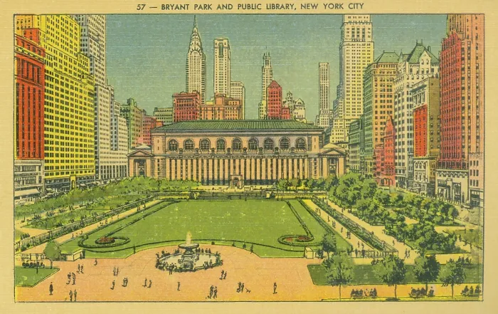 Framed Print : Vintage souvenir postcard, Bryant Park and New York Public Library, New York City, circa 1935