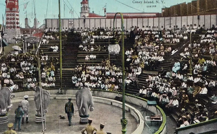 Framed Print : Vintage souvenir postcard, Circus at Luna Park, Coney Island, New York City, 1926 Framed Print : Vintage souvenir postcard, Circus at Luna Park, Coney Island, New York City, 1926