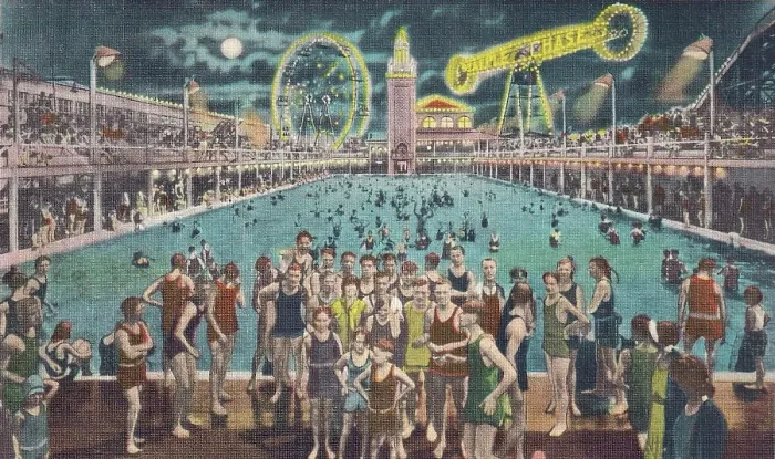 Framed Print : Vintage souvenir postcard, Coney Island, Steeplechase Pool, Brooklyn, New York City, ca 1942 Framed Print : Vintage souvenir postcard, Coney Island, Steeplechase Pool, Brooklyn, New York City, ca 1942