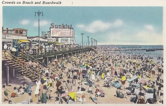 Framed Print : Vintage souvenir postcard, Coney Island Beach and Boardwalk, Brooklyn, New York City, 1940