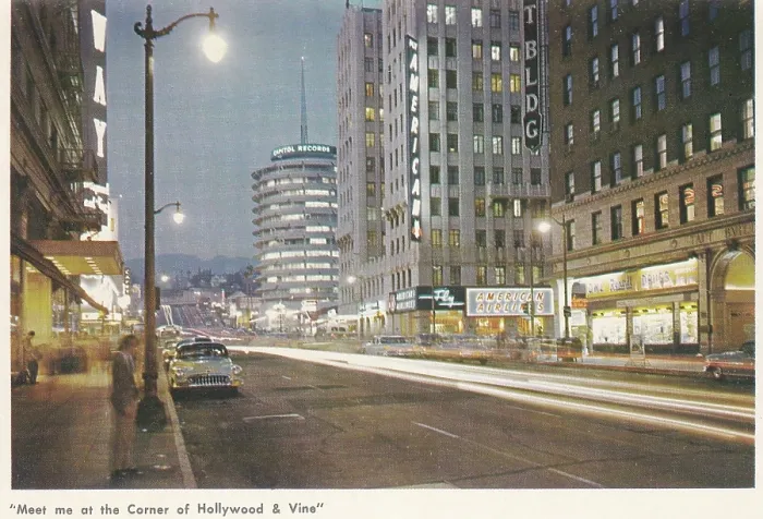 Framed Print : Vintage souvenir postcard, Corners of Hollywood and Vine, Greetings from Hollywood series, ca 1961 Framed Print : Vintage souvenir postcard, Corners of Hollywood and Vine, Greetings from Hollywood series, ca 1961