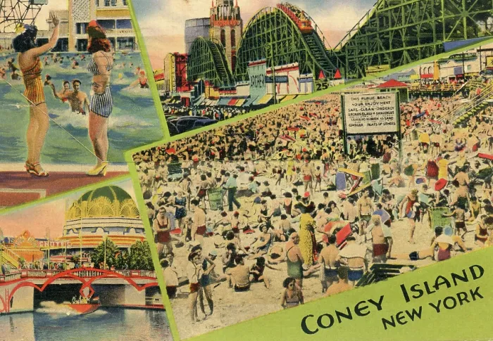 Framed Print : Vintage souvenir postcard, Crowds at Coney Island Beach and Boardwalk, Brooklyn, New York City, 1944 Framed Print : Vintage souvenir postcard, Crowds at Coney Island Beach and Boardwalk, Brooklyn, New York City, 1944