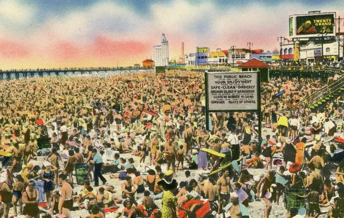 Framed Print : Vintage souvenir postcard, Crowds at Coney Island Beach and Boardwalk, Brooklyn, New York City, 1944 Framed Print : Vintage souvenir postcard, Crowds at Coney Island Beach and Boardwalk, Brooklyn, New York City, 1944