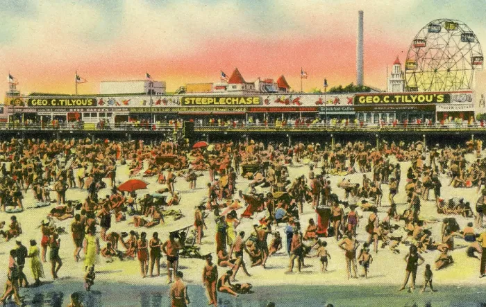 Framed Print : Vintage souvenir postcard, Crowds at Coney Island Beach and Boardwalk, Brooklyn, New York City, 1944 Framed Print : Vintage souvenir postcard, Crowds at Coney Island Beach and Boardwalk, Brooklyn, New York City, 1944