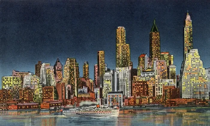 Framed Print : Vintage souvenir postcard, Downtown Manhattan Skyline, NYC, New York, ca 1942 Framed Print : Vintage souvenir postcard, Downtown Manhattan Skyline, NYC, New York, ca 1942