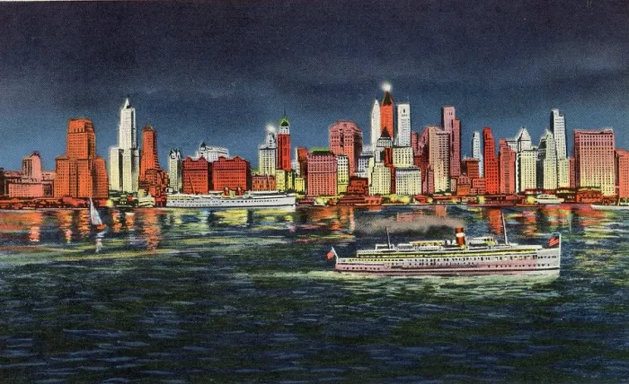 Framed Print : Vintage souvenir postcard, Downtown Manhattan Skyline, NYC, New York, ca 1942 Framed Print : Vintage souvenir postcard, Downtown Manhattan Skyline, NYC, New York, ca 1942