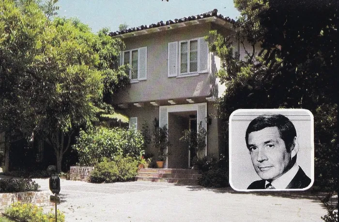 Framed Print : Vintage souvenir postcard of Gene Barry's Hollywood Home, Fabulous Homes of Television and Movie Stars series, ca 1980