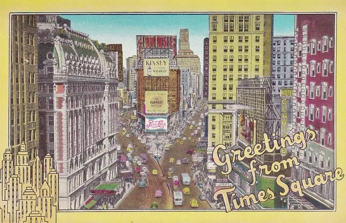 Framed Print : Vintage souvenir postcard, Greetings from Times Square, NYC, New York, ca 1944 Framed Print : Vintage souvenir postcard, Greetings from Times Square, NYC, New York, ca 1944