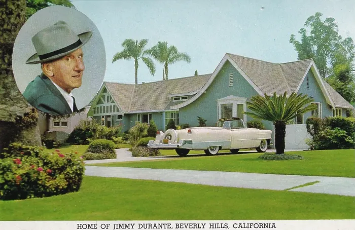 Framed Print : Vintage souvenir postcard, Home of Jimmy Durante, Movie Star Homes series, 1958