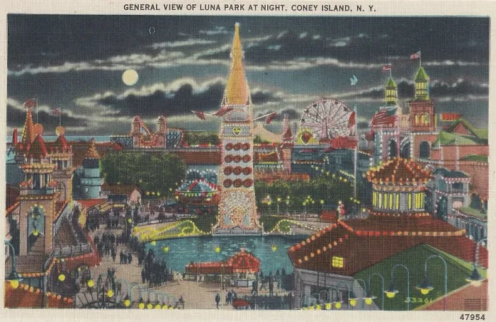 Framed Print : Vintage souvenir postcard, Luna Park, Coney Island, Brooklyn, New York City, ca 1942 Framed Print : Vintage souvenir postcard, Luna Park, Coney Island, Brooklyn, New York City, ca 1942