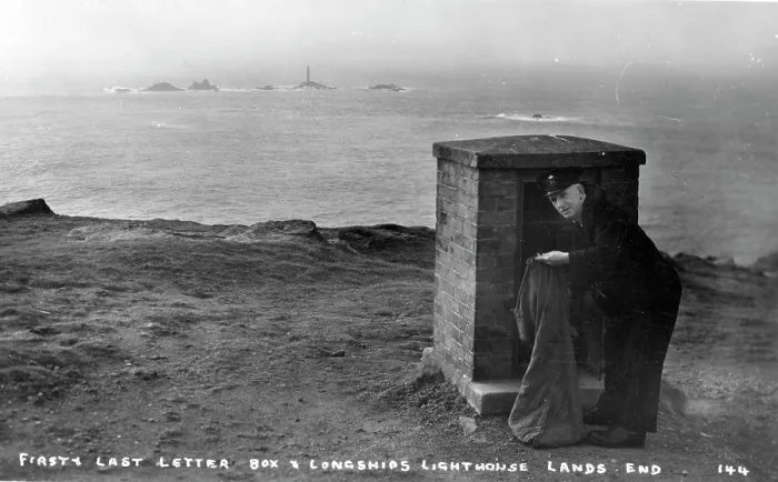 Framed Print : Vintage souvenir postcard, last mailbox and Longships Lighthouse, Land's End, England, 1920s Framed Print : Vintage souvenir postcard, last mailbox and Longships Lighthouse, Land's End, England, 1920s