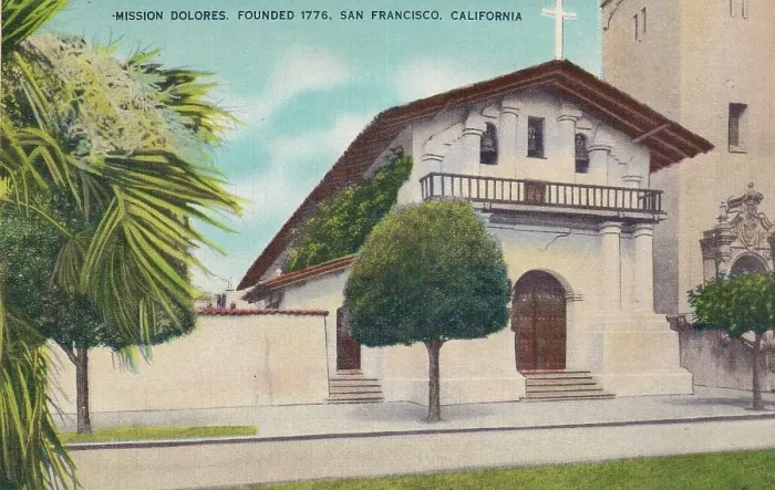 Framed Print : Vintage souvenir postcard, Mission Dolores, San Francisco, California, ca 1944