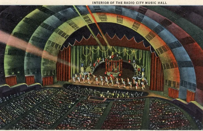 Framed Print : Vintage souvenir postcard, Radio City Music Hall, NYC, New York, ca 1942 Framed Print : Vintage souvenir postcard, Radio City Music Hall, NYC, New York, ca 1942