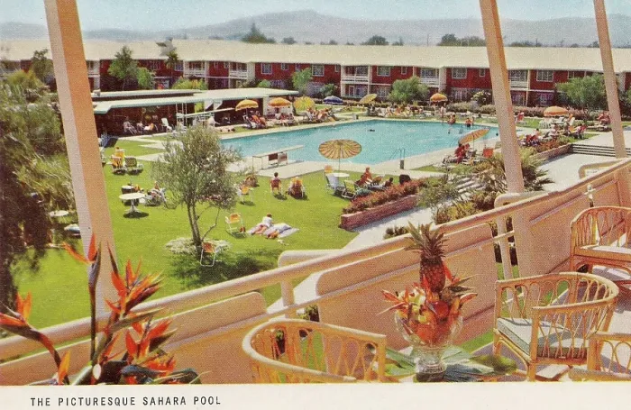 Framed Print : Vintage souvenir postcard, The Sahara Hotel and Casino Swimming Pool, Greetings from Las Vegas series, 1956 Framed Print : Vintage souvenir postcard, The Sahara Hotel and Casino Swimming Pool, Greetings from Las Vegas series, 1956