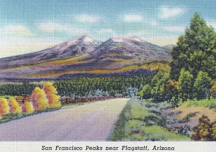 Framed Print : Vintage souvenir postcard, San Francisco Peaks, Arizona, ca 1943